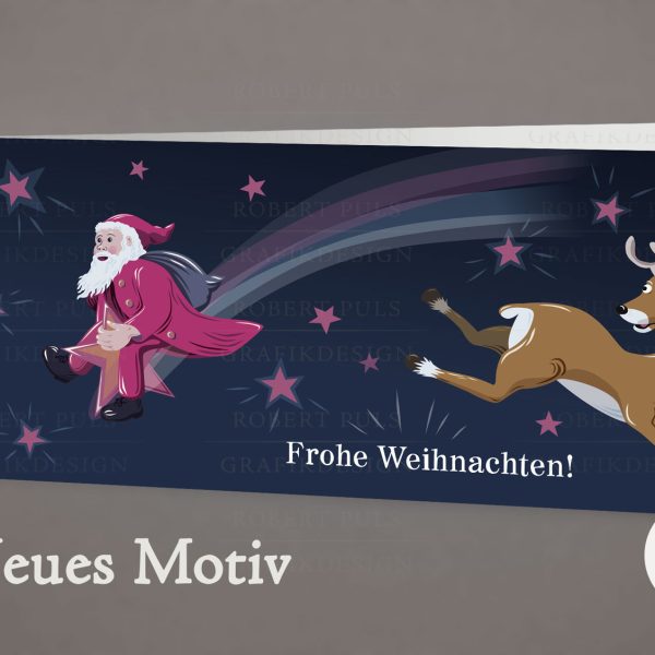 2 - Weihnachtskarte Illustration Weihnachtsmann und Rentier, Sterne