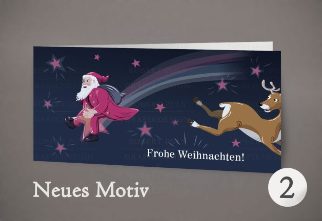 2 - Weihnachtskarte Illustration Weihnachtsmann und Rentier, Sterne