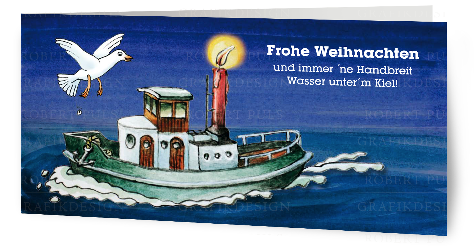 Weihnachtskarte maritim Kutter Möwe
